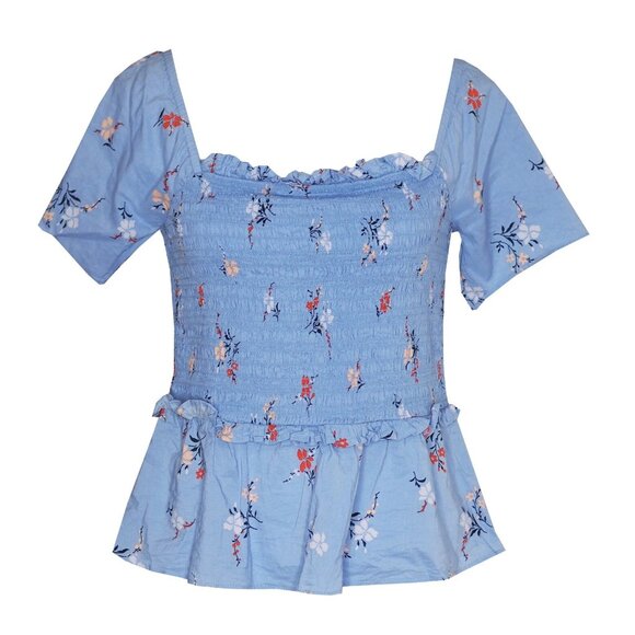 Madewell Blue Smocked Floral Peplum Top Size M - Picture 9 of 13